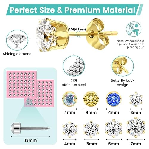 Zygc Professional Ear Piercing Kit with 63 Pairs of Cubic Zirconia Diamond Ear Stud Earrings with Multi Purpose Black Reusable Ear Piercing Gun Silver Sticks for Salon & Home Piercings Gold thumbnail 3
