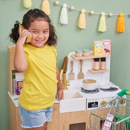 Teamson Kids Little Chef Cyprus Play Kitchen Set for Toddlers with 14 Accessories, Wooden Toy Cooking Playset for Kids Ages 1-8, Montessori Cooking Station, Light Oak/White Pretend Kitchen thumbnail 4