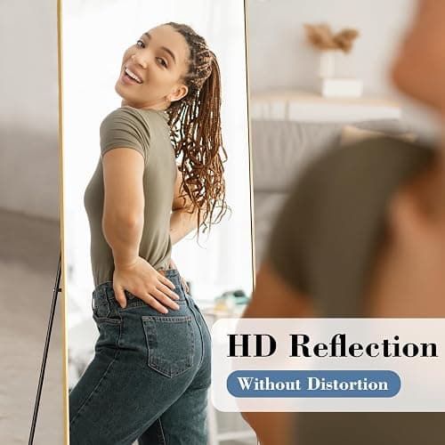 NEWBULIG Full Length Mirror, 56"x21" Full Body Standing Mirror, Gold|Tempered Glass, Hanging or Leaning, Aluminum Alloy Thin Frame Floor Standing for Bedroom, Cloakroom thumbnail 3