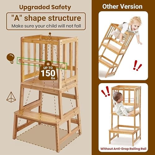 COSYLAND Kids Kitchen Step Stool，Toddler Standing Tower with CPC Certification, Removable Anti-Drop Railing Safety Rail Unique Patented Design Anti-tip Structure More Stable, 1.5-3 yrs Natural Bamboo thumbnail 3