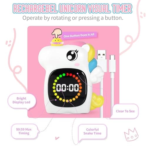 Unicorn Visual Timer for Kids, Rechargeable 99:59 Digital Countdown Timer, Visual Time Progress Display, Adjustable Volume, Classroom Homeschool Study Timer thumbnail 4