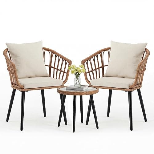 DUMOS 3 Pieces Outdoor Bistro Set, All-Weather PE Rattan Patio Furniture Set with Cushions, Steel Frame Table and Chairs for Balcony, Apartment, Porch, Beige - Image 1