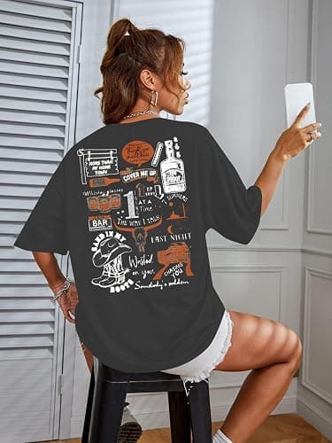BANGELY Cow Skull Women Oversized Shirt Country Music T-Shirt Vintage Western Graphic Tee 80 90s Music Lover Short Sleeve Top thumbnail 3