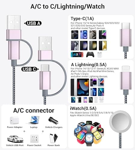 Temdan for Travel Essentials,3 in 2 USB C Cable for Apple Watch Charger/iPhone 16 Charger/Lightning,Multi Charging Cable Cord,Vacation Camping Essentials,Portable Designed for iWatch &iPhone 16-12-4FT - 4 FT - Grey thumbnail 2