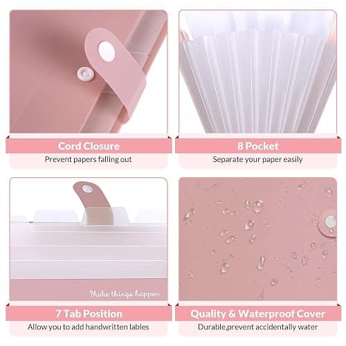 SKYDUE 8 Pockets Expanding File Folders, Accordion Folders, Portable Paper Bill Receipt Organizer, Letter Size, Home College School Office Supplies, Pink thumbnail 6