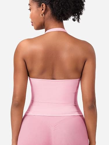 HIGORUN Halter Impact Tank Tops for Women Y2K Workout Longline Crop Tops with Built in Bras Open Back Going Out Gym Top thumbnail 2