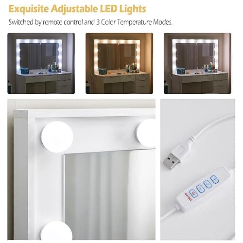 TUKAILAi White Large Dressing Table Set with Hollywood 12 LED Lights Mirror and Cushioned Stool, Vanity Desk Set Makeup Table with 4 Drawers and Storage Unit Dresser for Bedroom Girls Women thumbnail 4