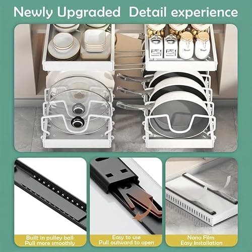 2 Pack Pull Out Pots and Pans Organizer Rack for Cabinet and Countertop, Pull Out Cabinet Organizer with 8 Adjustable Dividers, Kitchen Storage for Pot Lid, Dishes, Bakeware, Pots and Pans, White thumbnail 8