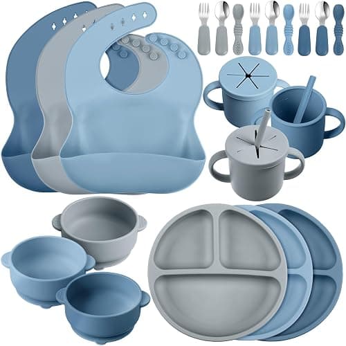 Yinder 24 Pack Silicone Baby Feeding Set Baby LED Weaning Set, Ocean | for Babies 6+ Months, Suction Plate Bowl, Adjustable Bib, Snack Cup Straw, Soft Spoon Fork, Baby Mealtime, Self Feeding - Image 1
