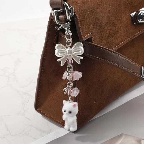 Cat Keychain, Cute Fuzzy Kitty Key Chain White Plush Kitten Charm Keychain with Bow Heart Pendant Stuffed Animal Key Ring for Key Backpack Purse Phone Decor thumbnail 6
