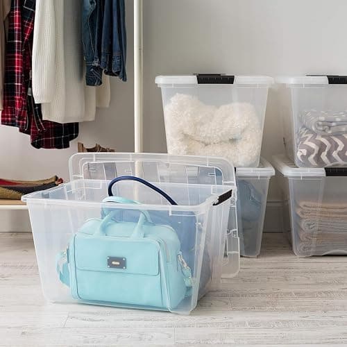 IRIS USA 54 Qt Stackable Plastic Storage Bins with Lids, 6 Pack - BPA-Free, Made in USA - See-Through Organizing Solution, Latches, Durable Nestable Containers, Secure Pull Handle - Clear thumbnail 7