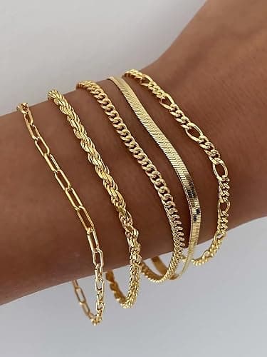 Dearmay Gold Bracelets for Women Waterproof, 14K Gold Plated Minimalist Bracelets Stack Non Tarnish Trendy Dainty Herringbone Vintage Cuban Paperclip Rope Thin Box Link Chain Stackable Jewelry Sets Modern Fashion Accessories Gifts for Womens thumbnail 8