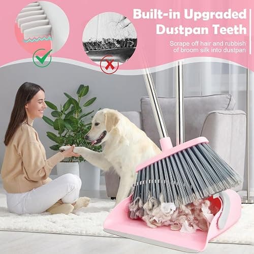 XXFLOWER Long Handle Dustpan and Brush Sets, Broom and Dustpan Set with Comb Teeth, Sweeping Brush Set for Indoor Kitchen Lobby Office Sweeping Pet Dog Hair, Household Cleaning Supplies(Gray Pink) thumbnail 3