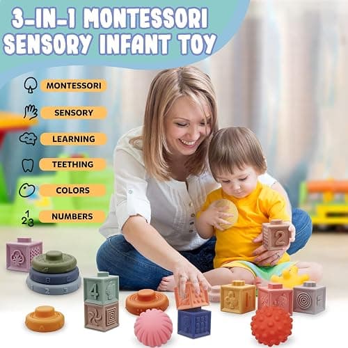 Plunack Baby Toys 6-12 Months Montessori Sensory Toys for Toddlers 3 in 1 Stacking Building Blocks Soft Infant Teething Toys Educational Learning Toys for Babies 3-6-9-12 Months Boys Girls | Food-grade Silicone, Stacking & Nesting Play, Embossed Letters, Numbers, Animals & Shapes, Washable, BPA-free, Teething Safe thumbnail 6