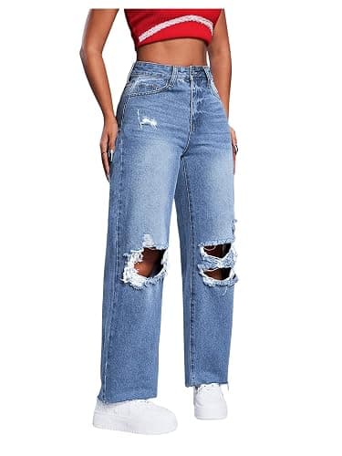 SweatyRocks Women's High Waist Ripped Distressed Cropped Jeans Straight Leg Denim Pants thumbnail 4