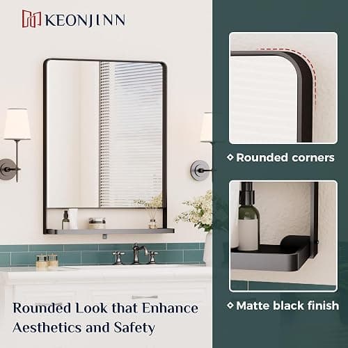 Keonjinn 18x28 Inch Black Bathroom Mirror with Shelf, Rectangle Metal Bathroom Vanity Mirror with Storage, Black Rounded Corner Wall Mounted Bathroom Mirrors for Over Sink Bedroom Entryway - 28"L x 18"W - Black thumbnail 7