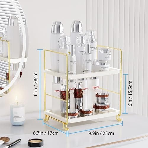 FSyueyun 2-Tier Bathroom Countertop Organizer, Tool-Less Installation Premium Plastics Makeup Shelf Organizer Perfume Skincare for Dresser Vanity Tray Organizers and Storage (Gold) thumbnail 2