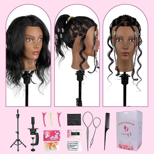 Opini Mannequin Head 100% Real Human Hair for Braiding with Tropid Stand | Cosmetology Mannequin Doll Head with Hair 18" for Hairdresser Salon Beginner Practice Braiding Hairstyling thumbnail 6