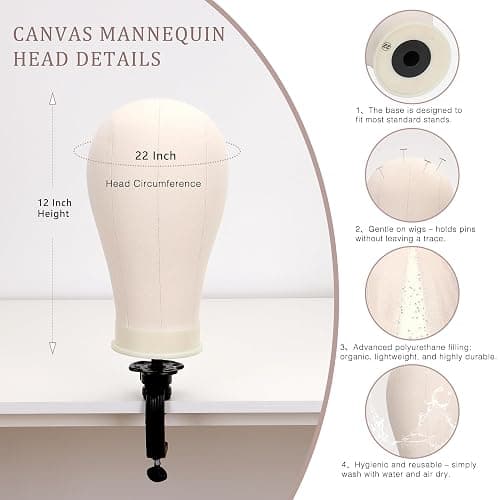 Demides 22" Canvas Wig Head Set with 61" Adjustable Tripod Stand | Durable canvas head,compatible with wig stands and clamps,ideal for wig making,customization,styling,training and display thumbnail 3