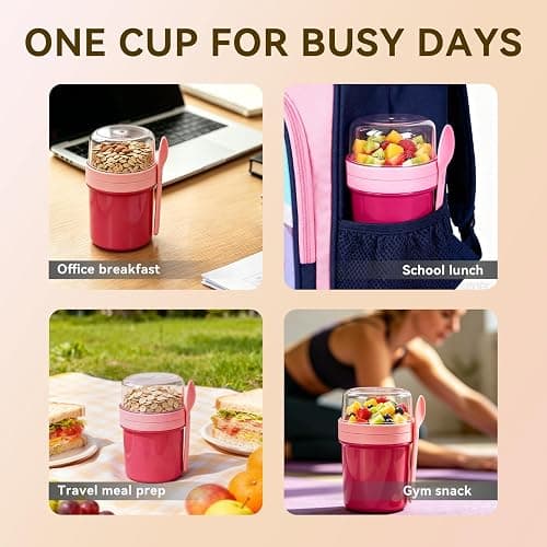 Botsparty 27oz Reusable Yogurt Parfait & Overnight Oats Cups – 100% Leakproof with Lid & Spoon for Meal Prep, Breakfast, Office & Gym (Pink) thumbnail 6