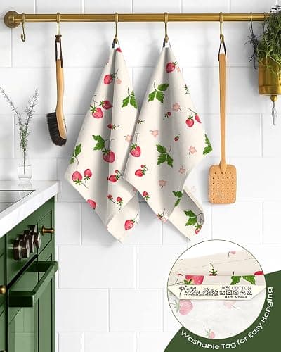 Miss Adola Flour Sack Kitchen Towels - Set of 2 Spring Dish Towels with Hanging Loop 18x26 Inch Absorbent Reusable Cotton Cloths for Cleaning Cute Design Home Decorative Housewarming, Color Strawberry thumbnail 4