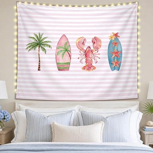 SkyCozy Pink Surf Coastal Beach Wall Tapestry,Surf Board Room Decor, Summer Coastal Preppy Trendy Retro East Coast Coquette Surfboard Crawfish Tapestry Decor for Girls Room College, 50x60 Inch - Image 1