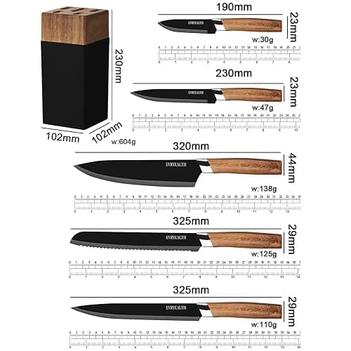 lapelux Kitchen Knife Set - 5 Piece Knife Set with Block, Wood Grain Handle, Stainless Steel Knivese with Chef, Bread, Slicer, Utility, Paring Knife for Cutting Meat/Vegetables/Fruit.… thumbnail 4