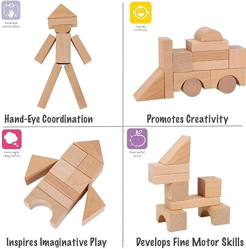 100 Pcs Wooden Blocks for Toddlers 1-3 Building Blocks for Kids - Natural thumbnail 3