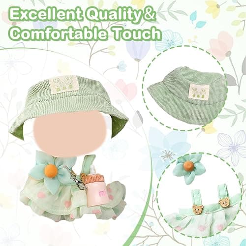 5 Pcs Doll Clothes for 17cm Dolls，Summer Youth Doll Clothes Accessories Set with 1 Green Strap Dress 1 Sunshade Hat 1 Bag 1 Bottle Decoration for Girls Boys Kids Birthday Gifts，No Doll thumbnail 5