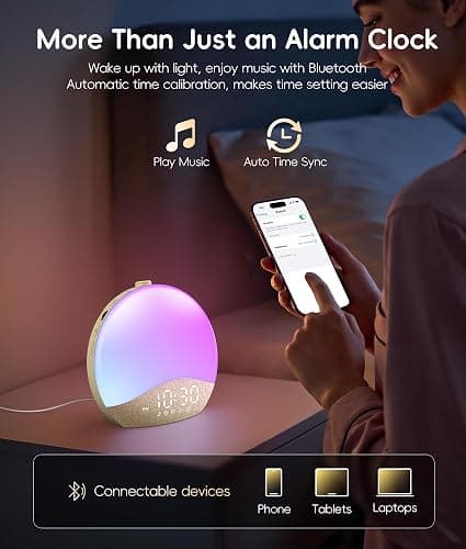 ecozy Sunrise Alarm Clock for Bedroom, White Noise Sound Machine, 26 Soothing Sounds, 17 Night Lights, Bluetooth Speaker, Music-Sync Lights, Wake Up Sunlight for Heavy Sleepers, Adults, Kids - Natural thumbnail 7