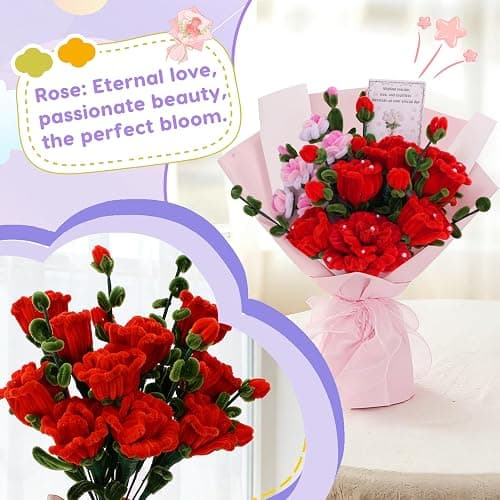900 PCS Pipe Cleaners Craft, Pipe Cleaner Bulk Flower Kit 14 Colors Chenille Stems Flower Making Kit with Greeting Card, Floral Wires, Tape, Stamen, Floral Wrapping Paper & Ribbon for Art DIY Flowers thumbnail 3