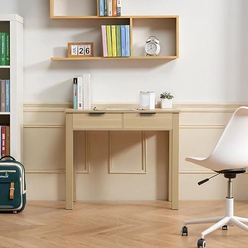 VEVOR Small Desk with Drawers, Wooden Table for Home Office, Small Computer Desk with Storage, Vanity Desk with Drawers, Study Table for Adults/Students for Drawing, Reading, Writing, Light Wood thumbnail 2