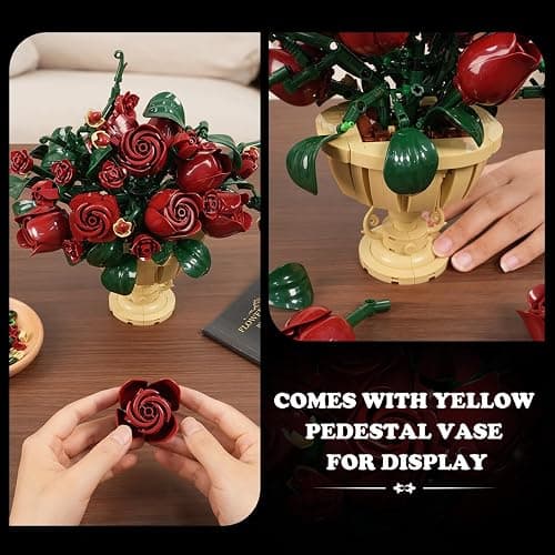 PLAXSOON Rose Flower Building Set, 969 PCS Botanicals Flowers Bouquet Building Block Kit with Pot, Artificial Bonsai Plant Collection Office Home Decor, Birthday Gift for Adults Women Boys Girls 12+ thumbnail 4