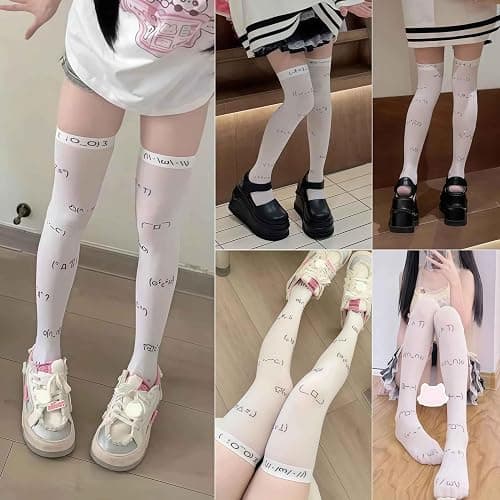 Winatehr lolita y2k thighs high stockings for girls, kawaii cute sheer patterned thin long knee trouser sexy patterned white socks for women, cutecore cosplay femboy gyaru clothes thumbnail 3