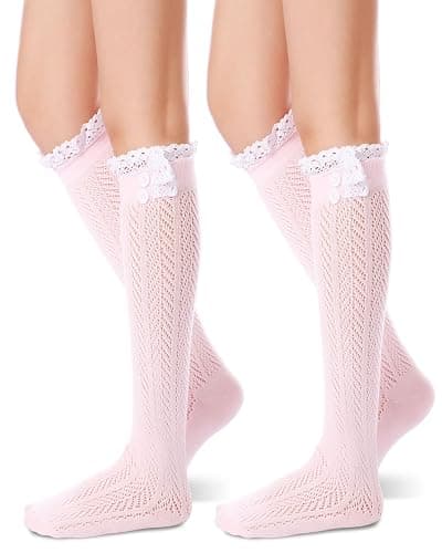 Syhood 2 Pair Long Button Boot Socks with Lace Trim Knit Boot Stockings Knee High Socks for Women Oktoberfest German Dirndl - Image 1