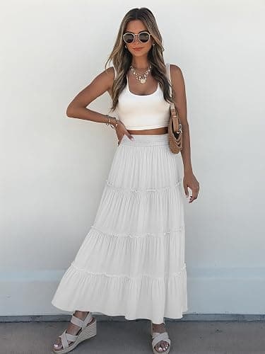 LUXVEER Women’s Summer Boho Maxi Skirts Smocked High Wasited Flowy Tiered Ruffle A Line Long Beach Skirt thumbnail 9