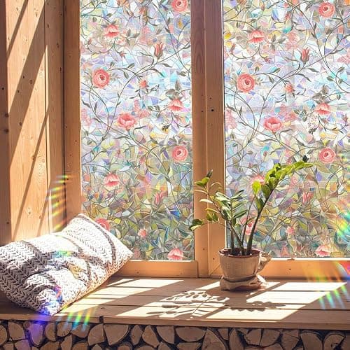 Sichtschutzfolie für Fenster, Retro-Rose, Buntglas-Aufkleber, rote Rose, Privatsphäre, Regenbogen-Aufkleber, Wohnzimmer, Sonnenblockierung, Dekoration, entfernbar, statisch, 43 x 100 cm thumbnail 6