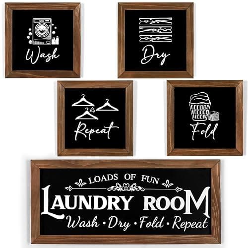 Laundry Room Wall Decor Set of 5 - Farmhouse Wood Signs with Wash Dry Fold Put Away, Rustic Laundry Room Art with Wood Frame Decorative Room Sign - Image 1