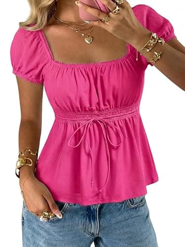 SOLY HUX Women's Short Sleeve Babydoll Tops Cute Summer Blouse | Peplum Top for Teen Girls, Square Neck, Lace Tops, Summer T Shirts - Image 1