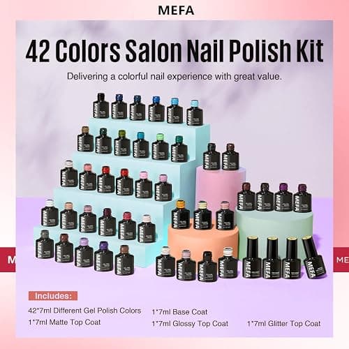 MEFA 46 Pcs Gel Nail Polish Set, 42 Colors All Seasons Gel Polish Set Colorful Begginer Kit Kit with Base Coat & Glossy/Matte Top Coat, Nail Art Manicure Salon DIY Gifts for Girls thumbnail 9