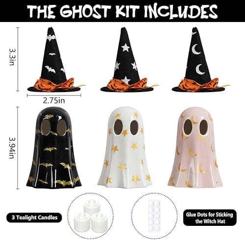 DAZONGE Set of 3 Halloween Ceramic Ghost Halloween Decorations Indoor | Ceramic Ghost Figurines with Witch Hats for Indoor Halloween Decor. Cute Spooky Ghost Decor for Mantel, Shelf or Tabletop thumbnail 2