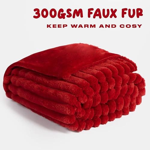OHS Throws for Sofa Ribbed Faux Fur, Decorative Thick Soft Blanket Bed Throw Cosy Warm Winter Blanket Throws for Sofa Decorative Couch Cover, 125 x 150cm - Red - Red - 125 x 150cm thumbnail 4