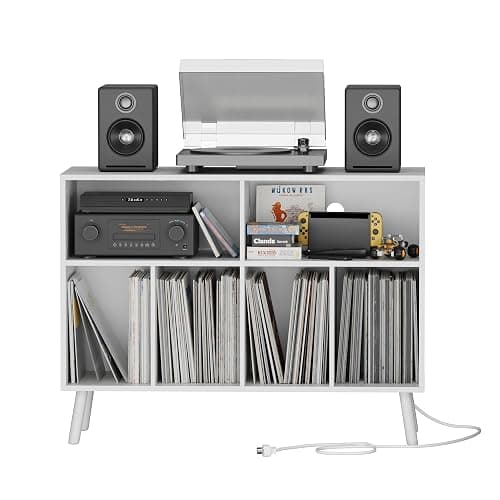 Cozy Castle Record Player Stand with Vinyl Storage Cabinet, Wood Turntable Table Open Shelf Holder Up to 350 Albums Cube Storage Organizer for Living Room, Office, White thumbnail 8