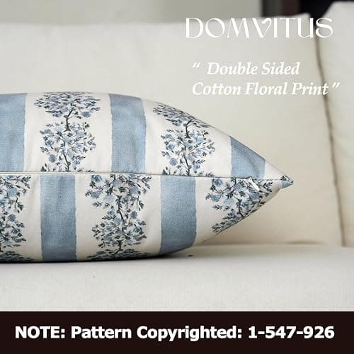 DOMVITUS Floral Throw Pillow Covers 18x18 Inch Set of 2, Block Print Decorative Pillow Covers Vintage Striped Neutral Farmhouse Boho Home Decor for Couch Sofa Bed Living Room, Light Blue thumbnail 2