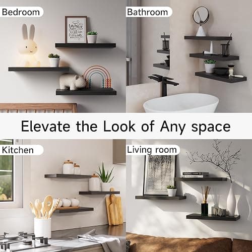 BAYKA Floating Shelves for Wall, Wall Mounted Rustic Wood Shelves for Bathroom, Bedroom, Living Room, Kitchen, Hanging Shelf for Books/Storage/Room Decor with 22lbs Capacity (Black, Set of 3, 15.7in) thumbnail 8