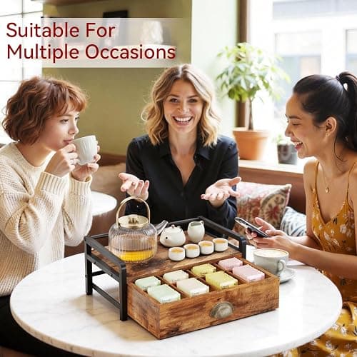 IBUYKE Tea Bag Organizer,Tea Box with Drawer,Brown TCJ004H | Wood Tea Bag Holder for Countertop 2 Tier Tea Station Organizer with Metal Frame for Kitchen Cabinet Coffee Station Office thumbnail 5