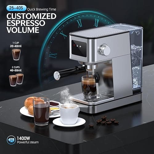 QJA Espresso Machine 20 Bar, Compact Espresso Maker with Milk Frother & Touchscreen for Home, Stainless Steel Coffee Machine with 57.5oz Removable Water Tank for Cappuccino, Latte, Silver thumbnail 4