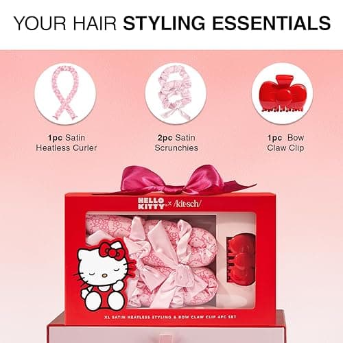 Hello Kitty x Kitsch XL Satin Heatless Curling Set- Heatless Hair Curler To Sleep In for Frizz-Free & Soft Curls, Comes with Bow Shape Design Hair Claw and Satin Scrunchies, Gifts for Women, 4pc Set - Pink Kitty Faces thumbnail 2