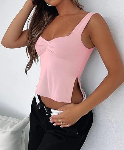 ForeFair Women Sleeveless Backless Crop Tank Top Summer Going Out Outfits Cute Pleated Sweetheart Neck Strappy Y2K Slits Tops thumbnail 3