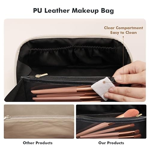Prite Makeup Bag for Women Travel Waterproof Vegan Leather Cosmetic Bag Open Flat Toiletry Bag With Clear Divider and Handle (Black) - Black - Medium thumbnail 7